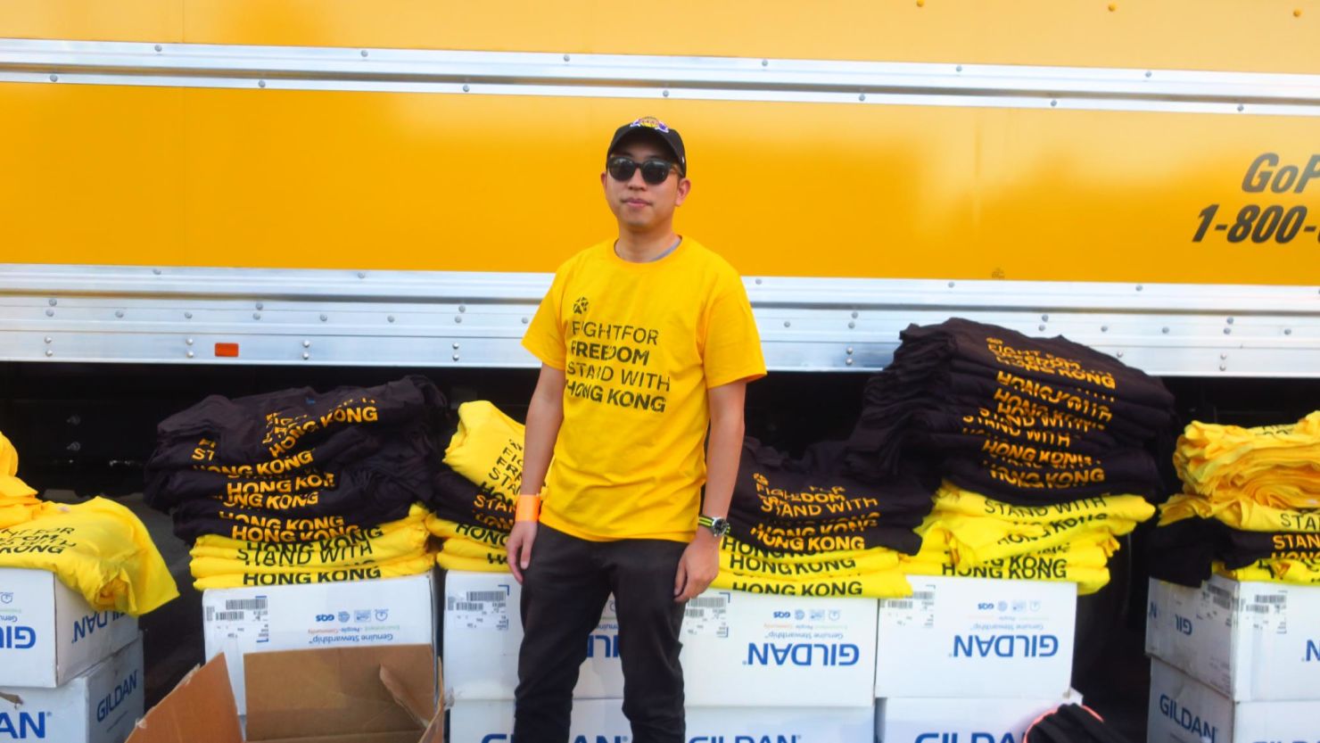 A free speech defender, who goes by the alias Sun, organized handouts of 13,000 T-shirts before the game between the Los Angeles Lakers and Los Angeles Clippers at the Staples Center on Tuesday.
