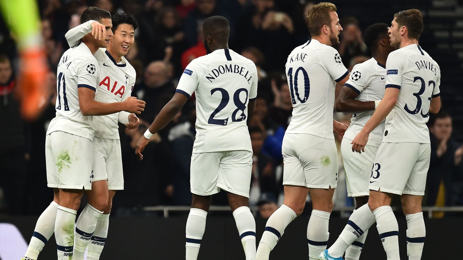 Tottenham players celebrate Son Heung-Min's second goal against Red Star.