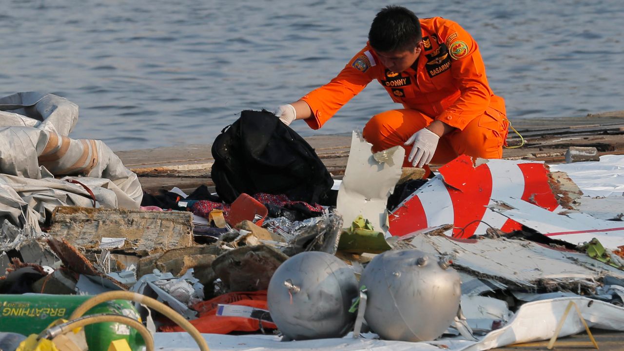 A member of Indonesian Search and Rescue Agency  inspects debris believed to be from Lion Air passenger jet that crashed off Java Island at Tanjung Priok Port in Jakarta, Indonesia Monday, Oct. 29, 2018. 