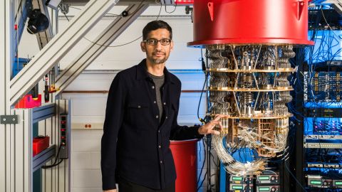 Google CEO Sundar Pichai with the company's quantum computer.