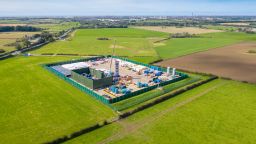 PRESTON, ENGLAND - SEPTEMBER 16: An aerial view of the Cuadrilla shale gas extraction (fracking) site at Preston New Road, near Blackpool on September 16, 2019 in Preston, England. Operations at the shale gas extraction site were recently paused by Cuadrilla as a precaution after an earth tremor was detected by sensors. (Photo by Christopher Furlong/Getty Images)