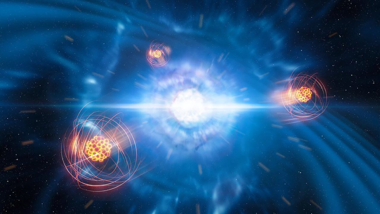 This artist's rendering shows two neutron stars merging and exploding, along with freshly created strontium.