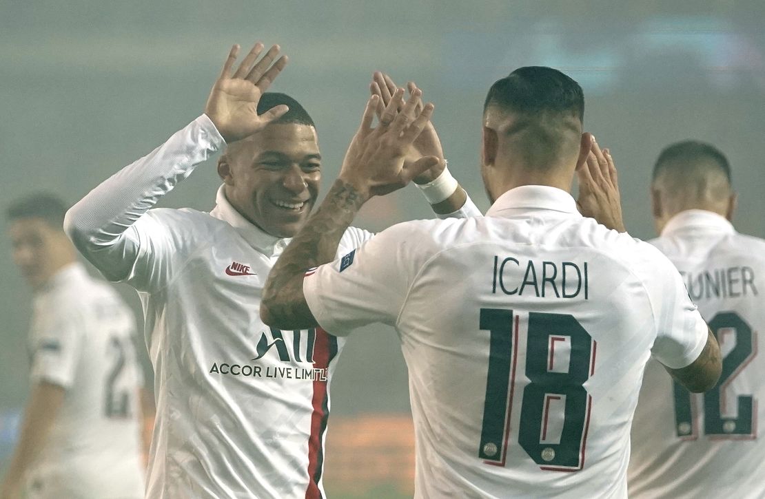 Mbappe and Icardi celebrate during PSG's 5-0 victory over Belgian side Brugge. 