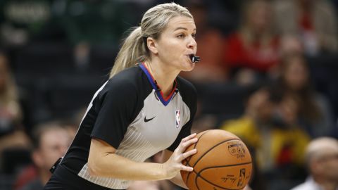 Referee Jenna Schroeder on the court during an NBA preseason game between the Milwaukee Bucks and the Washington Wizards on October 13.