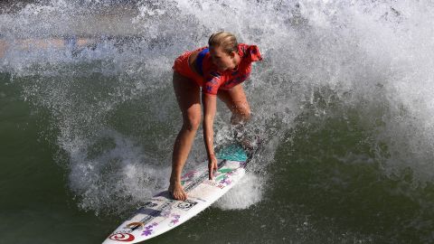 Bethany Hamilton competes during the qualifying round of the World Surf League Surf Ranch Open on September 6, 2018 in Lemoore, California.