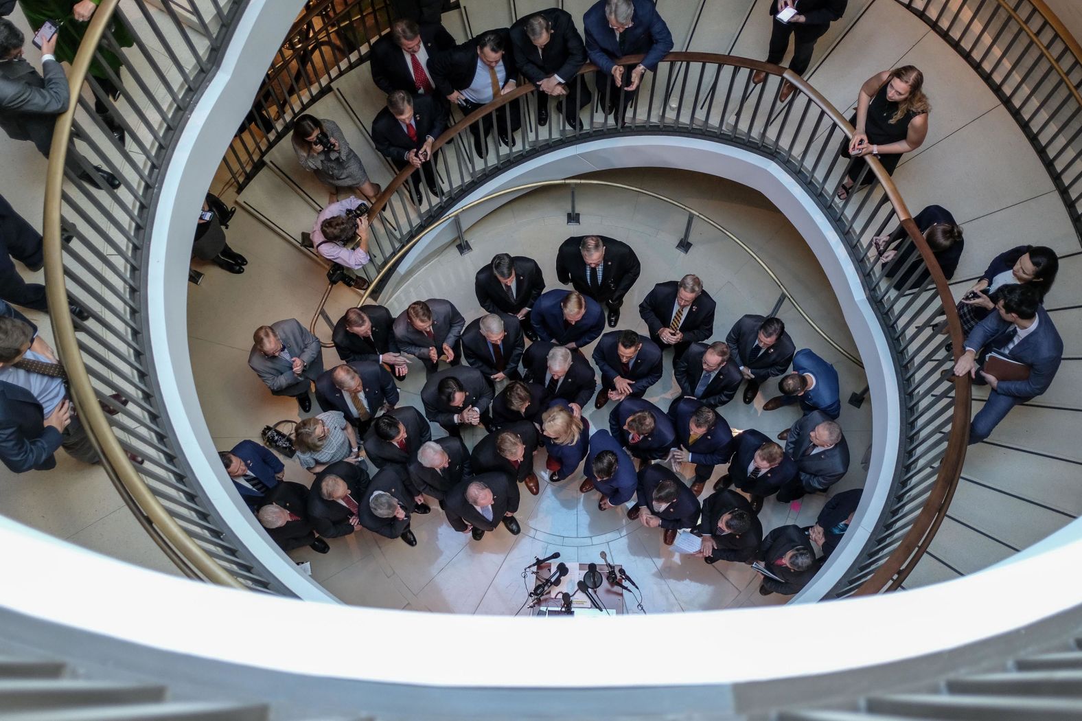 House Republicans gather to speak at a Capitol Hill news conference before Deputy Assistant Secretary of Defense Laura Cooper was scheduled to testify behind closed doors on October 23. Roughly two dozen House Republicans <a href="https://www.cnn.com/2019/10/23/politics/republicans-storm-impeachment-inquiry-deposition-laura-cooper/index.html" target="_blank">stormed the deposition</a> in secure House Intelligence Committee spaces to rail against the Democratic-led impeachment inquiry.