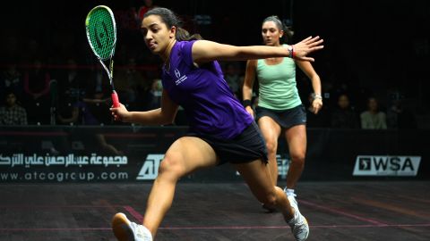 World No.1 Raneem El Welily of Egypt in action against Camille Serme of France.
