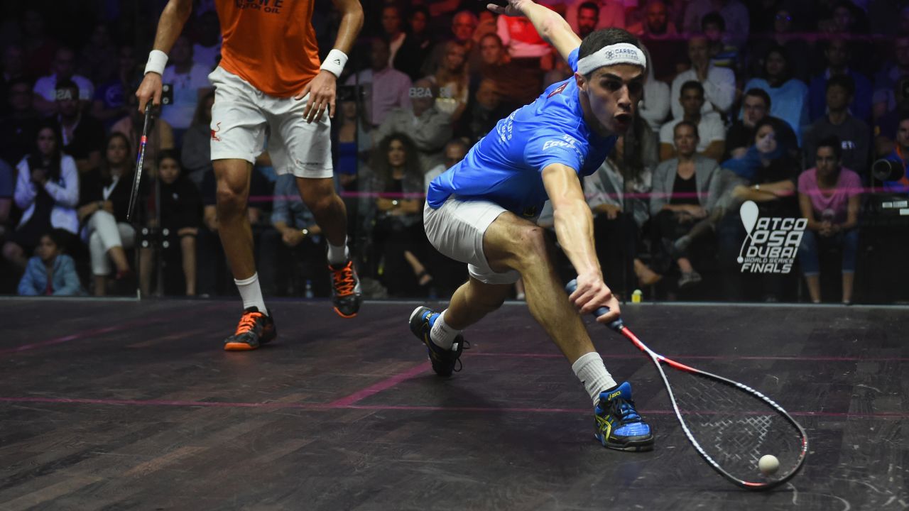  Ali Farag reaches for the ball during the men's final match of the PSA Dubai World Series Finals in 2018.