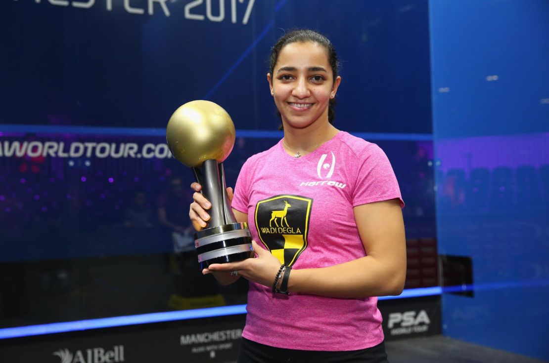 Raneem El Welily of Egypt holds the AJ Bell PSA World Squash Championships trophy after victory over compatriot Nour El Sherbini in 2017.