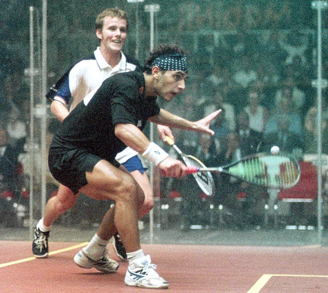 Egyptian Ahmad Barada in action in the 1999 World Open Squash Championship under the Giza pyramids. 