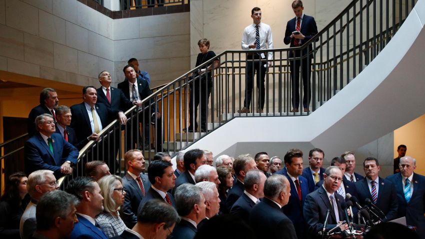 House Republicans gather for a news conference after Deputy Assistant Secretary of Defense Laura Cooper arrived for a closed door meeting to testify as part of the House impeachment inquiry into President Donald Trump, Wednesday, October 23.
