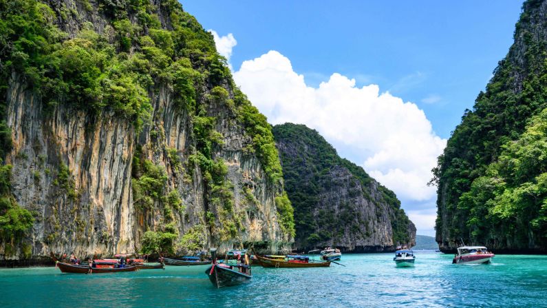 <strong>Phi Phi Islands, Thailand:</strong> Pileh Lagoon on Phi Phi Leh Island in the Andaman Sea has shallow waters that make it a fine spot for swimming. 