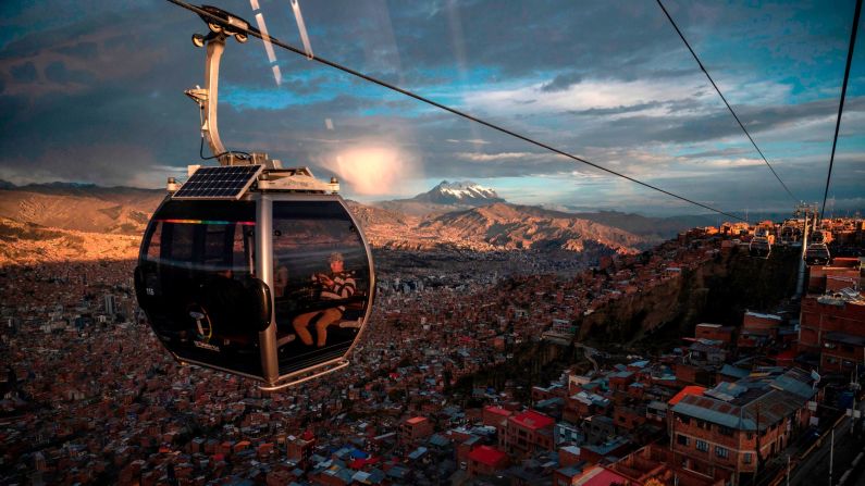 <strong>El Alto, Bolivia: </strong>A cable car in El Alto, Bolivia's second-largest city, offers views of the capital, La Paz, and Illimani Mountain in the distance. <br />