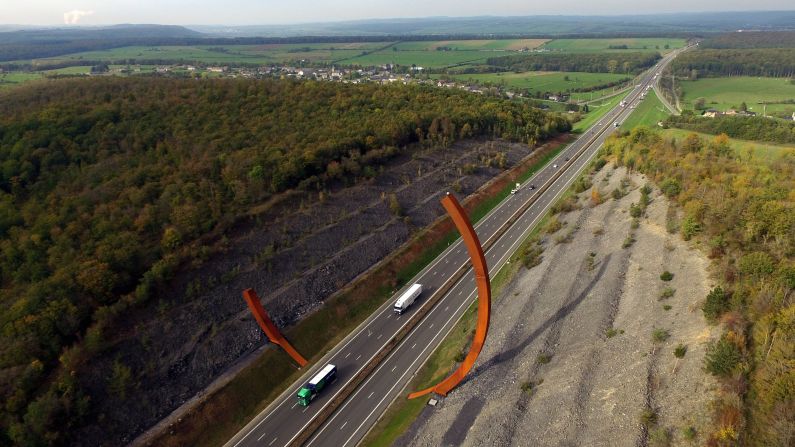 <strong>Laveaux-Sainte-Anne, Belgium: </strong>Arc Majeur, by French artist Bernar Venet, is Europe's tallest public art sculpture, rising nearly 200 feet above the E411 motorway.  <br />