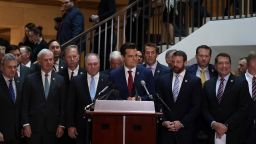 Flanked by about two dozen House Republicans, U.S. Rep. Matt Gaetz (R-FL) speaks during a press conference at the U.S. Capitol October 23, 2019 in Washington, DC. Rep. Gaetz held the press conference to call for transparency in the impeachment inquiry. 
