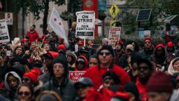 CHICAGO, IL - OCTOBER 23: Thousands of  demonstrators took to the streets of Downtown Chicago, stopping traffic and circling City Hall in a show support for the ongoing teachers strike on October 23, 2019 in Chicago, Illinois. Union teachers and school staff members are demanding more funding from the city in order to lower class sizes, hire more support staff, and build new affordable housing for the 16,000 Chicago Public Schools students whose families are homeless. (Photo by Scott Heins/Getty Images)