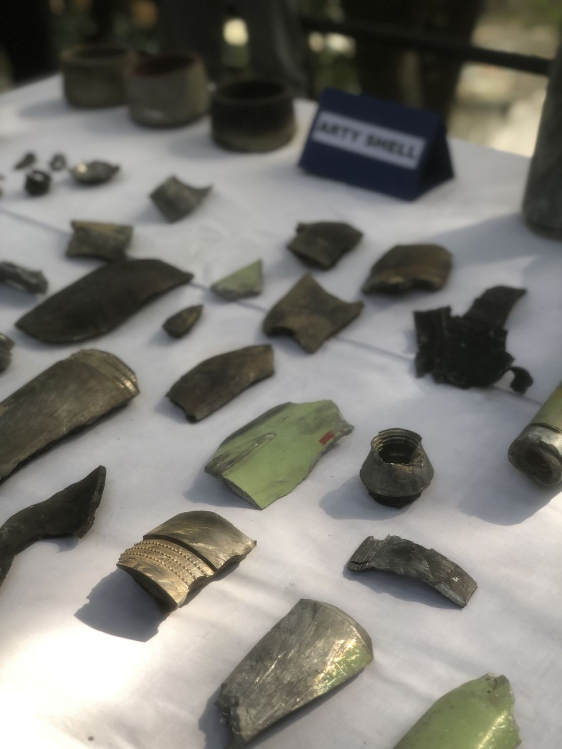 Shells laid out on display at an army base in Jura, Pakistani-administered Kashmir, on October 22, 2019. 