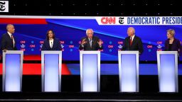 WESTERVILLE, OHIO - OCTOBER 15: Sen. Cory Booker (D-NJ), Sen. Kamala Harris (D-CA), Sen. Bernie Sanders (I-VT), former Vice President Joe Biden, and Sen. Elizabeth Warren (D-MA)  interact during the Democratic Presidential Debate at Otterbein University on October 15, 2019 in Westerville, Ohio. A record 12 presidential hopefuls are participating in the debate hosted by CNN and The New York Times. (Photo by Win McNamee/Getty Images)