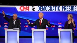WESTERVILLE, OHIO - OCTOBER 15: (L-R) Sen. Bernie Sanders (I-VT), former Vice President Joe Biden, and Sen. Elizabeth Warren (D-MA) react during the Democratic Presidential Debate at Otterbein University on October 15, 2019 in Westerville, Ohio. A record 12 presidential hopefuls are participating in the debate hosted by CNN and The New York Times. (Photo by Win McNamee/Getty Images)