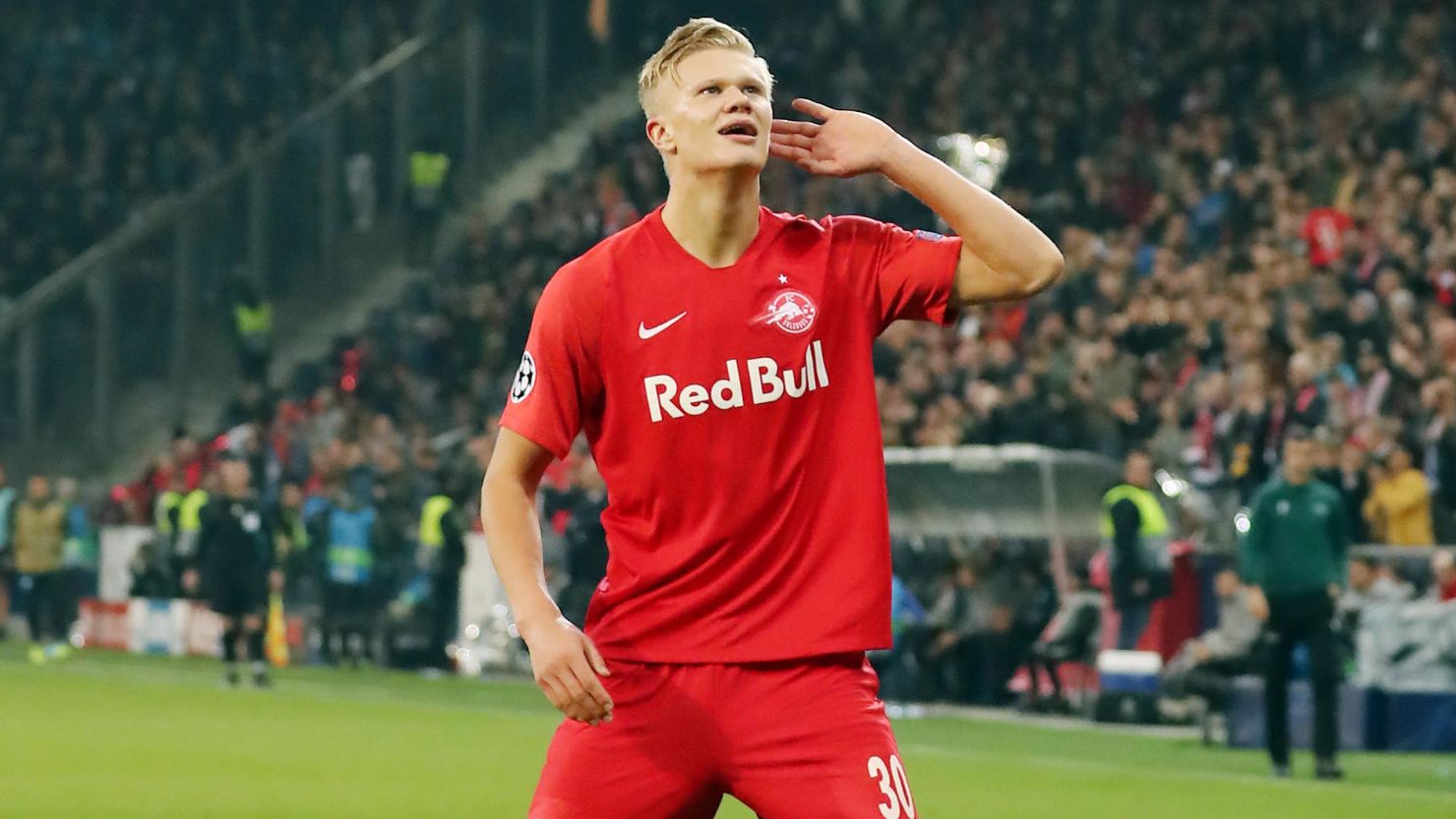 Erling Braut H?land celebrates after scoring against Napoli in the Champions League.