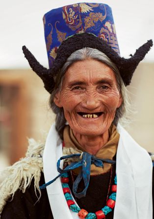 A woman in traditional costume in Ladakh, Jammu and Kashmir.
