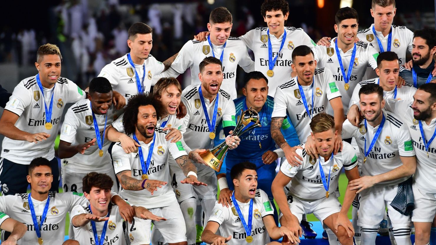 Real Madrid's players celebrate winning the 2018 Club World Cup.