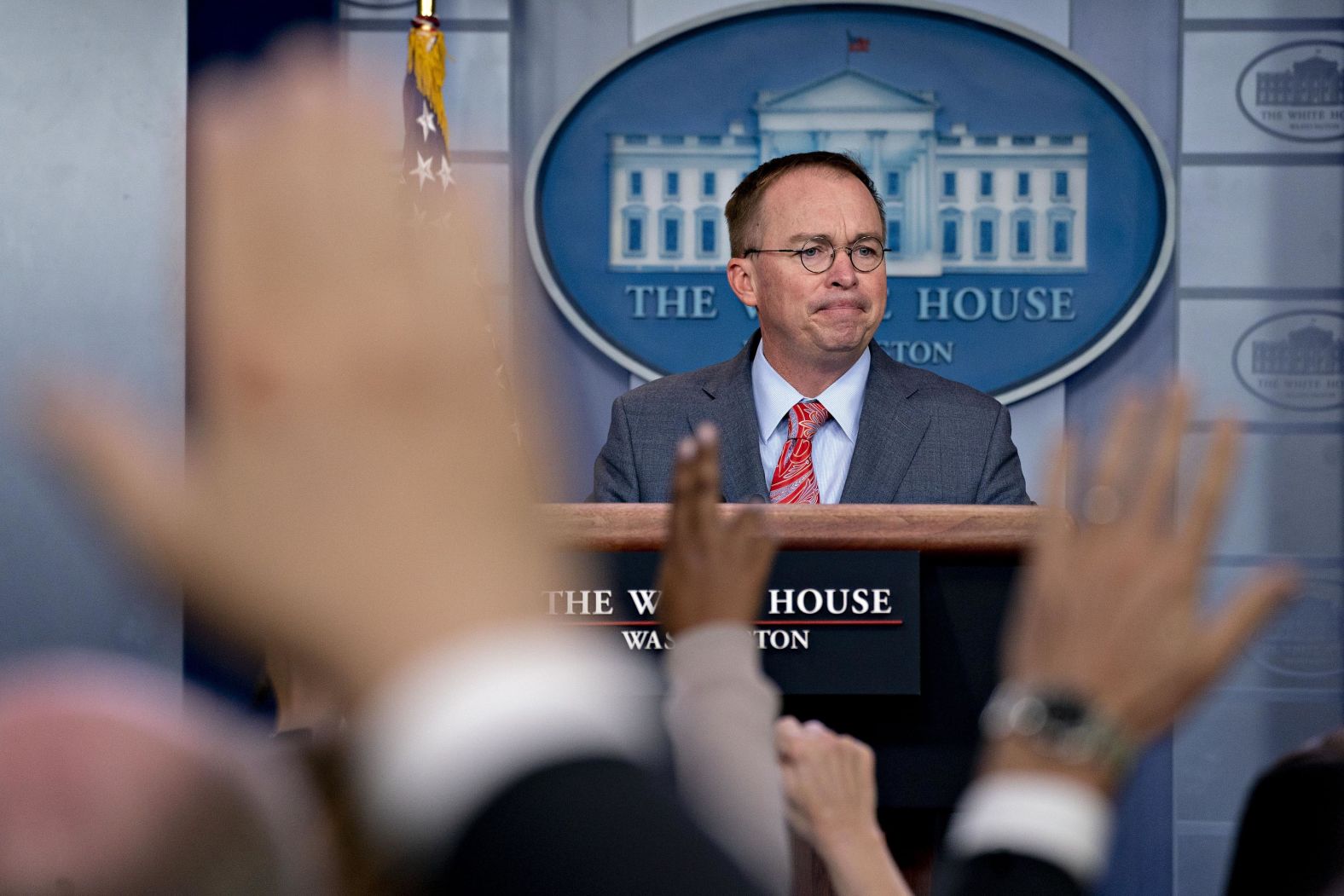 White House acting chief of staff Mick Mulvaney pauses for a question during a White House news conference on October 17. After weeks during which Trump denied the existence of any political quid pro quo in his withholding of security aid to Ukraine, <a href="index.php?page=&url=https%3A%2F%2Fwww.cnn.com%2F2019%2F10%2F17%2Fpolitics%2Fmick-mulvaney-quid-pro-quo-donald-trump-ukraine-aid%2Findex.html" target="_blank">Mulvaney confirmed the existence of a quid pro quo</a> and offered this retort: "Get over it." Later that day, Mulvaney attempted to claim that he did not admit to the quid pro quo.