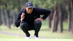 INZAI, JAPAN - OCTOBER 24: Tiger Woods of the United States lines up a putt on the 11th green during the first round of the ZOZO Championship at Accordia Golf Narashino Country Club on October 24, 2019 in Inzai, Chiba, Japan. (Photo by Chung Sung-Jun/Getty Images)