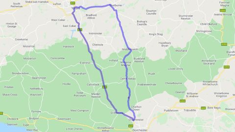 A map showing the 41-mile detour caused by roadworks on a 50 meter stretch of road in Dorset, England. 