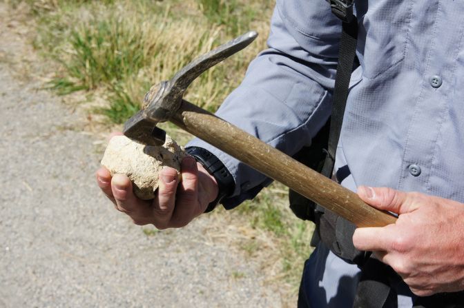 Tyler Lyson used a rock hammer to split open concretions found at the site. Concretions are egg-shaped rocks that form around an organic nucleus like bone.