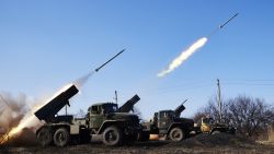 DEBALTSEVE, UKRAINE - FEBRUARY 13: Pro Russian rebels fire grad rockets on Ukrainian positions under orders of Olga Sergeevna, also known as Corsa, on February 13, 2015 in Debaltseve, Ukraine.   Corsa is the only woman commander of a artillery unit fighting for the Donetsk People's Republic . The leaders of Russia, Ukraine, Germany and France have announced that they have reached a ceasefire deal, that is due to begin on February 15. (Photo by Pierre Crom/Getty Images)