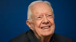 Former US President Jimmy Carter smiles during a book signing event, March 2018, in New York City. 