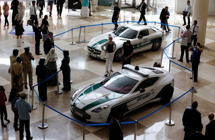 The Aston Martin One-77 (front) and Mercedes SLS (back) on display during the Arabian Travel Market (ATM) in 2013.<br /><br />The Aston Martin is one of only 77 ever produced and carries a price tag of just under $1.8 million. <br /><br />The Mercedes is more affordable at around $200,000.   