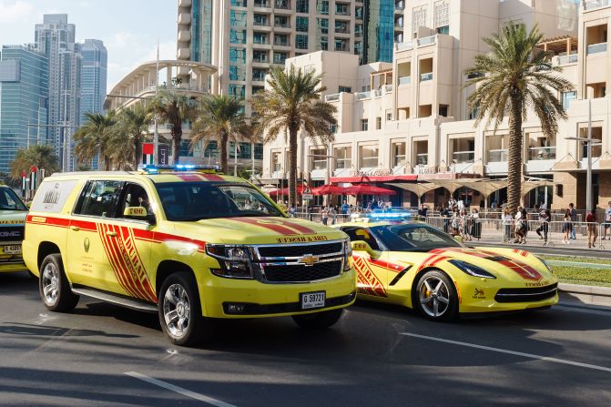 Dubai's firefighters also travel in style as these two Chevrolets - including a sporty Corvette - demonstrate. <br /><br />Despite a nimble build that allows for speeds in excess of 150 mph, the Corvette has enough space to accommodate fire suppression equipment. 