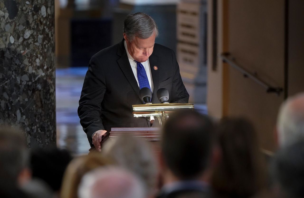 US Rep. Mark Meadows pauses as he speaks during the memorial service. Meadows, a Republican from North Carolina, was visibly emotional as he spoke about Cummings, saying that he was "privileged enough to be able to call him a dear friend."