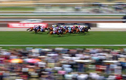 Horses race past the crowd during the Melbourne Cup.