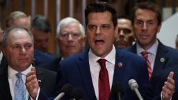 Flanked by about two dozen House Republicans, U.S. Rep. Matt Gaetz (R-FL) speaks as House Minority Whip Rep. Steve Scalise (R-LA) (L) listens during a press conference at the U.S. October 23, 2019 in Washington, DC. Rep. Gaetz held the press conference to call for transparency in impeachment inquiry.