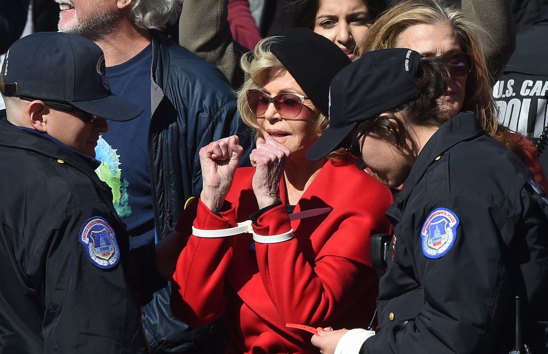 Actress and activist Jane Fonda is arrested outside the US Capitol during a climate change protest. 