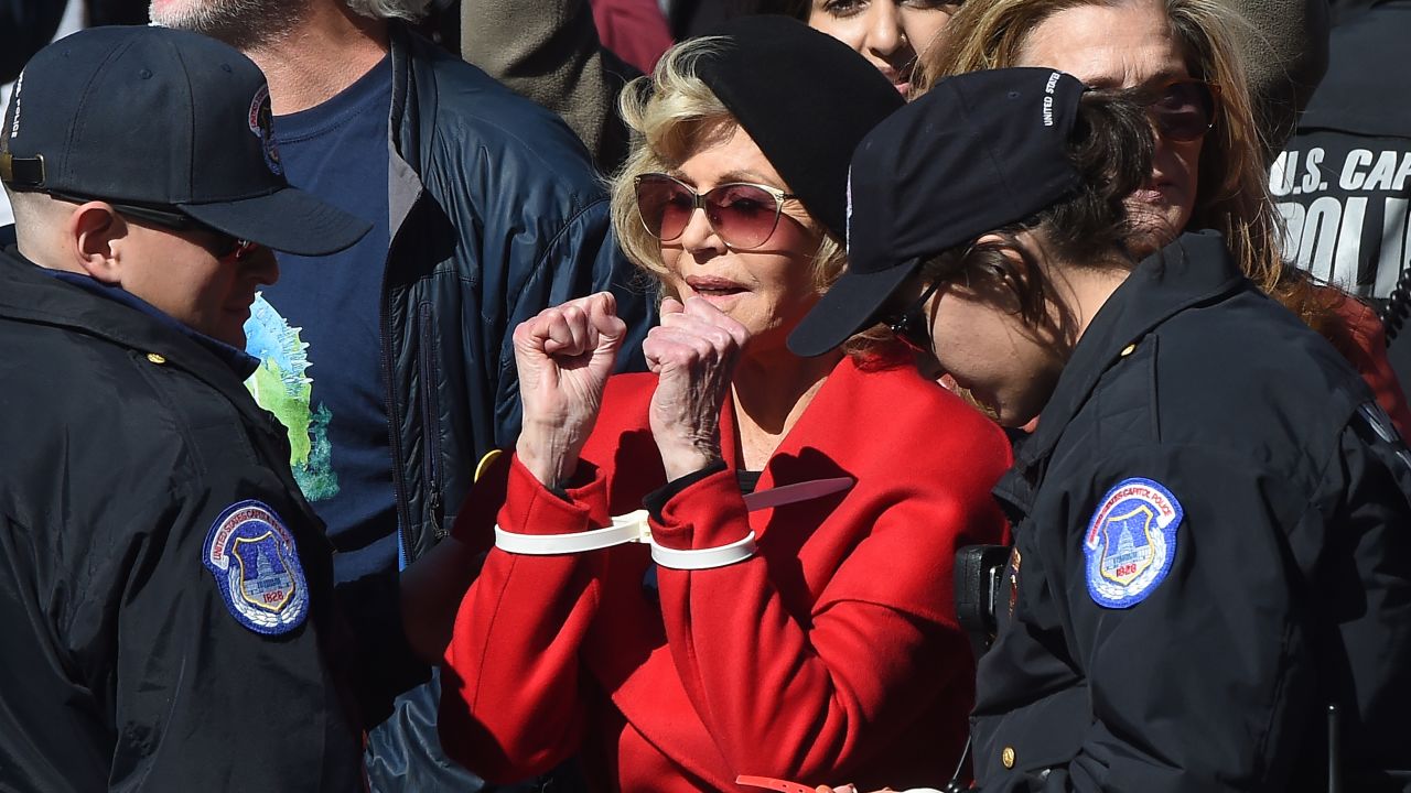 Actress and activist Jane Fonda is arrested outside the US Capitol during a climate change protest. 