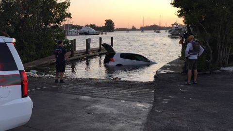 This image shows the vehicle after it was towed to the boat ramp. 