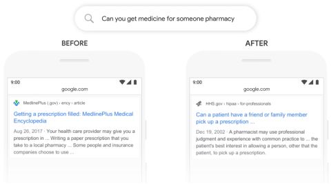 An example of a Google search and the results you'd get with the company's old search technology (on the left) and new technology (on the right).