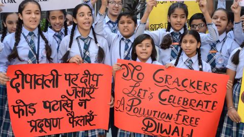 Students participate in an anti-firecracker rally ahead of Diwali in Amritsar on October 23, 2019.