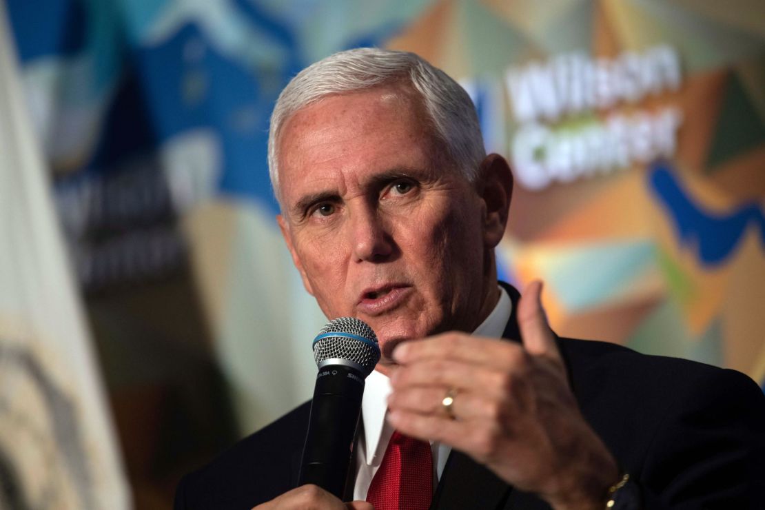 In this October 24, 2019, file photo, Vice President Mike Pence speaks at the 
Wilson Center's inaugural Frederic V. Malek Public Service Leadership lecture, in Washington. 