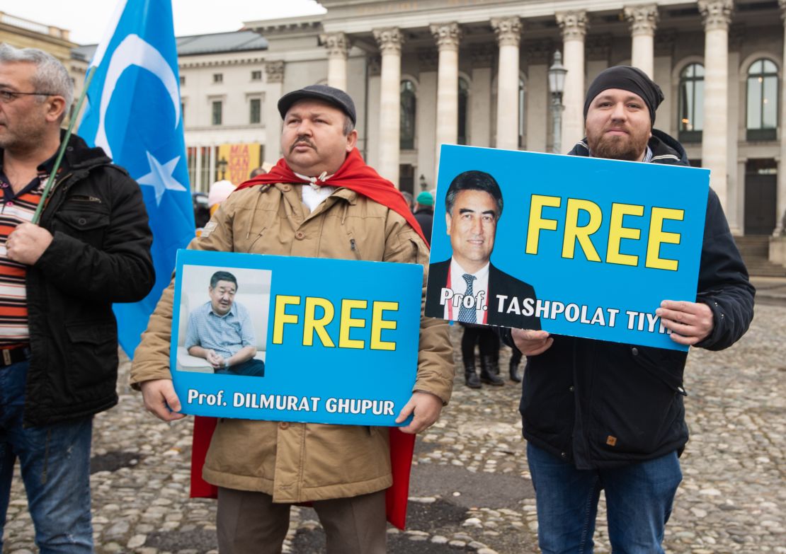 Protesters demanding freedom for Prof. Dilmurat Ghpur and Prof. Tashpolat Tiyh in Munich, Germany, on February 2.