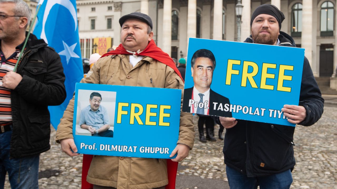 Protesters demanding freedom for Prof. Dilmurat Ghpur and Prof. Tashpolat Tiyh in Munich, Germany, on February 2.
