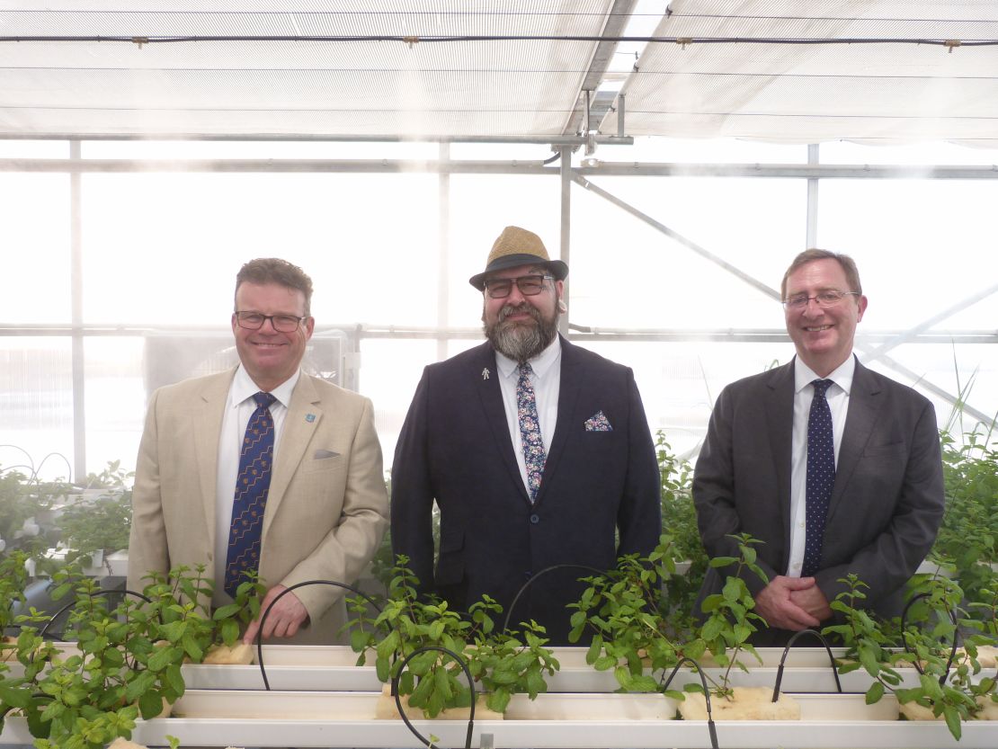 Professor Tony Ryan, Professor Duncan Cameron and British Ambassador to Oman, HE Hamish Cowell, at the launch of the greenhouse in Oman.
