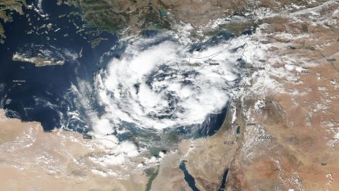 A "Medicane," or hurricane-like storm in the Mediterranean, spins near the coasts of Egypt and Israel on Thursday.