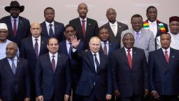 Russian President Vladimir Putin (C) gestures as Egypt's President Abdel Fattah al-Sisi (1st row, 2L) and South African President Cyril Ramaphosa (2R) pose for a family photo with African countries leaders attending 2019 Russia-Africa Summit and Economic Forum in Sochi, on October 24, 2019. (Photo by Sergei CHIRIKOV / POOL / AFP) (Photo by SERGEI CHIRIKOV/POOL/AFP via Getty Images)