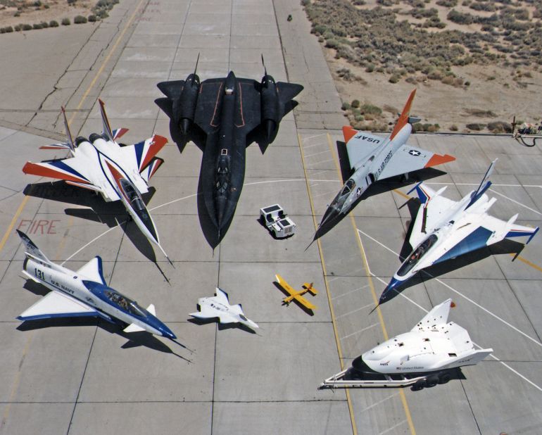 In this 1997 photo taken at NASA's Dryden base, an SR-71 is in the company of X-31, F-15, SR-71, F-106, F-16XL Ship #2, X-38, Radio Controlled Mothership, and X-36.