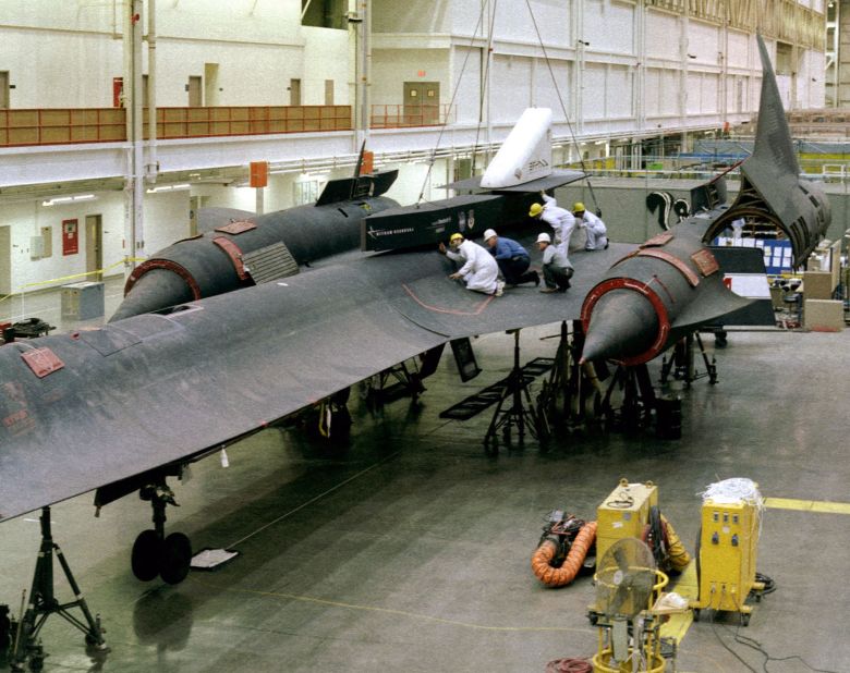 Test equipment is mounted on the back of an SR-71. 